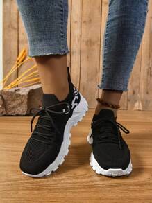 Girls' Sports Shoes - Cushioned Thick-Soled Breathable Knitted Sneakers With Prints, Suitable For Teen Outdoor Activities, Running, Sports And Casual Walking - Black - View 5