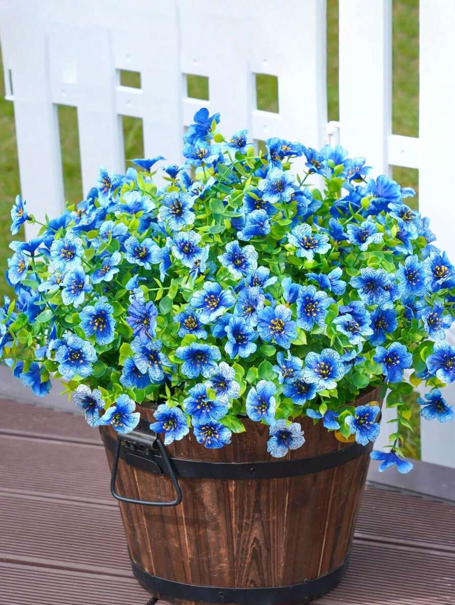 5件套 - 人造花卉植物，户外春夏装饰，仿真丝彩色雏菊和桉树，抗紫外线，户外家居露台花园入口装饰（蓝色） - 藍色 - 查看 1