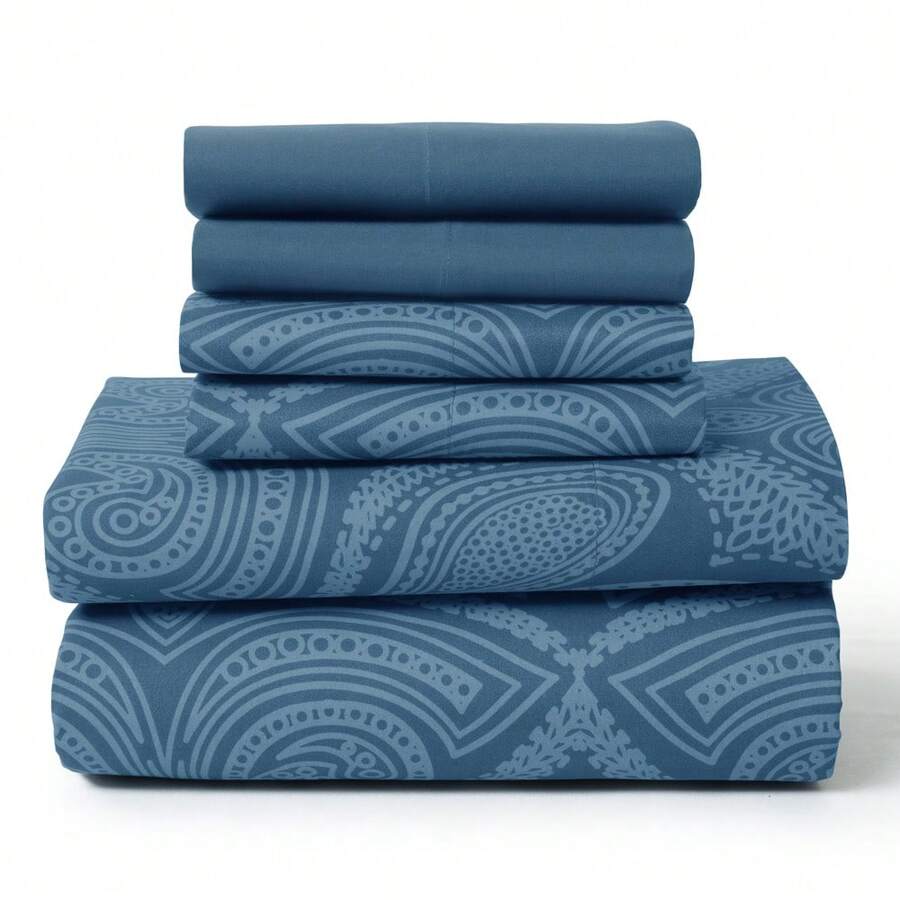 Lux Decor 6-Piece Paisley Bed Sheets High GSM Brushed Microfiber Sheets - Elevate Your Sleep Experience With 16-Inch-Deep Pocket Bedding Sheets & Pillowcases- Back To School- Graduation Gift- All Sizes Available-, Valentine's Day Bedroom, Spring Bedding Refresh, Guest Room Essentials, Dorm Room Bedding, Premium Bed Linens, Easy Care Sheets, Hypoallergenic Fabric, Year-Round Comfort, Master Bedroom Update, Matching Bedding Set, Hotel Quality Linens - Màu xanh hải quân - Xem 1