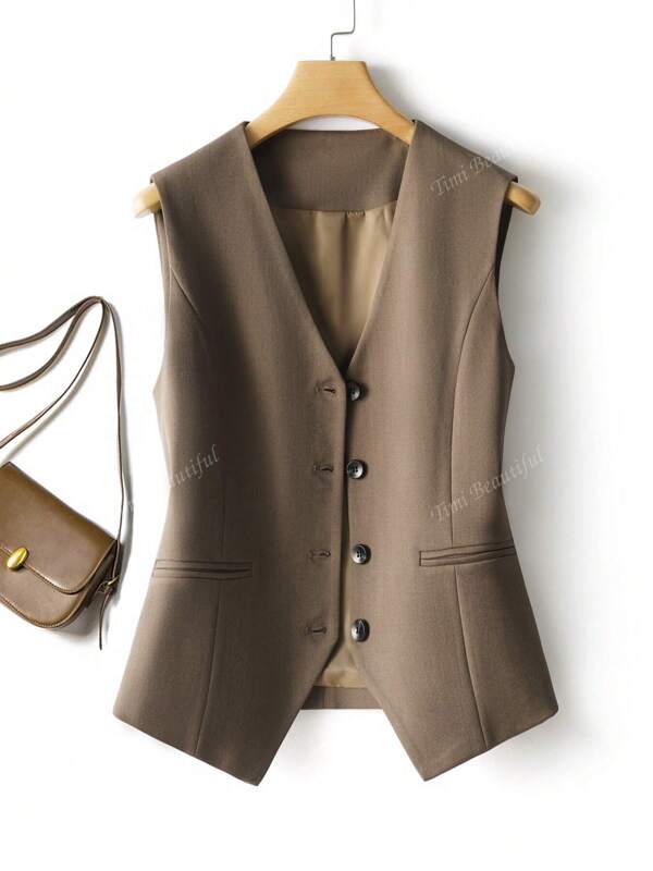 Women Solid Color Vest, V-Neck Jacket, Slim Fit, Fashionable Commute Wear, Spring Autumn Ladies Outfit