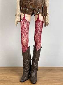 Vintage American Lace Garter Pantyhose, Sexy Sheer Lace Hollow Out Jacquard Thigh High Stockings
