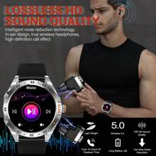 EIGIIS Montre connectée pour hommes au style sport d'affaires, avec boutons mécaniques, écouteurs intra-auriculaires intégrés, confortable à porter, appels sans fil (réception/émission d'appels), batterie grande capacité de 400 mAh, autonomie de batterie super longue, écran rond de 1,52 pouces, plus de 100 modes sport, prévisions météorologiques, rappel de message, compatible avec les téléphones Android et iOS, 3 bracelets de montre