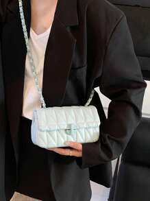 时尚绗缝 V 形斜挎包 - 女士紧凑型 PU 手提包，带安全转锁闭合 - 藍色 - 查看 4