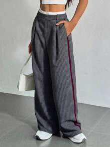 Women's Casual Loose Fit Colorblock Striped Elastic Waist Straight Leg Suit Pants, Casual Business Style For Office Lady Spring/Summer - Grey - View 2