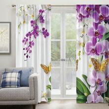 2pcs/Set Beautiful White & Purple Orchid Flowers And Golden Butterflies Digital Print Semi-Sheer Curtain, Spring, Rod Pocket Style, Polyester Material, Suitable For Living Room, Bedroom, Dining Room, Home Decor
