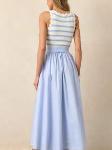 Elegant Crew Neck Sleeveless Striped Fitted Knit Tank Top For Women, Versatile Layering Piece For Spring/Autumn - Baby Blue - View 6