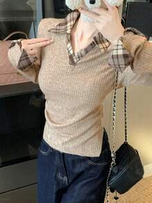 Women's Polo Neck Long Sleeve T-Shirt, Fashion Design Layered Look, Slim Fit Waist, Base Wear Top, Spring Casual - Khaki - View 7