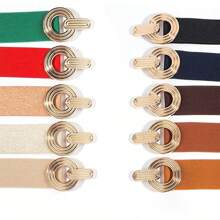 1pc 2025 New Coffee-Colored Women's Fashion Elastic Waistband Wide Double Buckle Belt, Tight Fit Versatile Accessory For Beach, Boho, Party, Cute, Sexy, Elegant - Multicolor - View 4