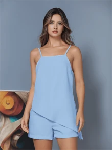 WUUW Elegant Women Sets,Women Elegant Blouse Top With Shorts,Summer Party Outfits - 淺藍色 - 查看 3