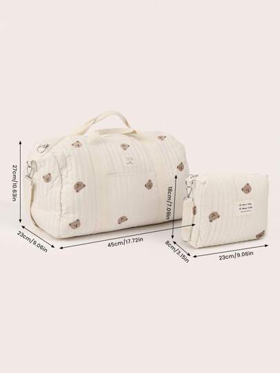 1pc Large Capacity Embroidered Maternity Shoulder Bag + 1pc Stroller Hanging Embroidered Bag, Multi-Functional Maternity & Travel Storage Bag (Bear, Tulip, Olive)