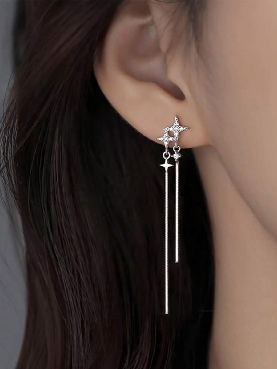 2 件女士奢华 S925 银星锆石流苏不对称耳环，时尚精致珠宝礼物，适合生日、派对 - #1 - 查看 1