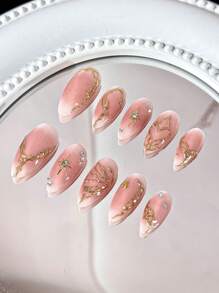 10Pcs Handmade Hand-Painted Butterfly & Heart Textures Pink Blush Rhinestone Spring Cute Almond Shape Nail Art Stickers Press On Nails Nail Supplies Nails