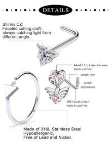 46/8件套多款式20G鼻环耳钉，医用钢材质，镶嵌闪亮锆石花朵，女士鼻环，直型、弯型、L型鼻环，7毫米。多种鼻环套装包含心形、蝴蝶、花朵等款式。 - 多顏色 - 查看 5