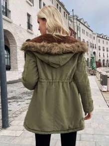 Abrigo de polar de algodón con capucha y cordón para mujer, chaquetas para mujer - Verde militar - Ver 4