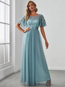 EVERPRETTY Đầm sequin tay cánh bướm mùa thu, đầm lưới màu xanh thanh lịch, thích hợp cho dạ hội, tiệc tùng, đám cưới. - Màu xanh Cadet - Xem 2