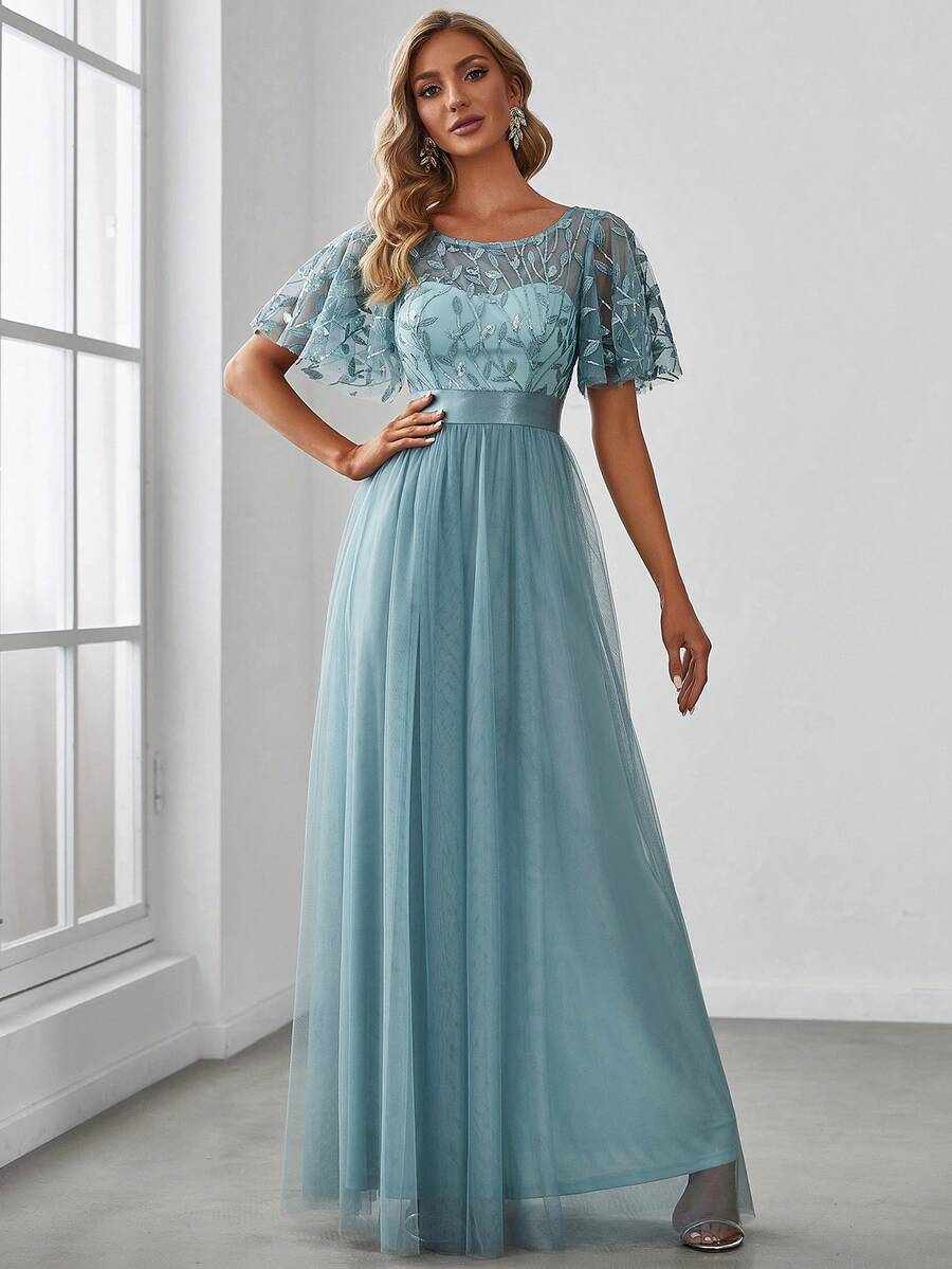 EVERPRETTY Đầm sequin tay cánh bướm mùa thu, đầm lưới màu xanh thanh lịch, thích hợp cho dạ hội, tiệc tùng, đám cưới.