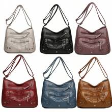 1pc Women Quilted Multi-Layer Outdoor Crossbody Bag With Rivets, Personalized Motocycle Style, Sports Vintage Shoulder Bag With Zipper Pockets For Phone & Coin