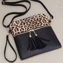 Casual Leopard Pattern Crossbody Bags For Women, Vintage Style Double Tassel Shoulder Bag For Daily Used Gift - 卡其色 - 查看 3