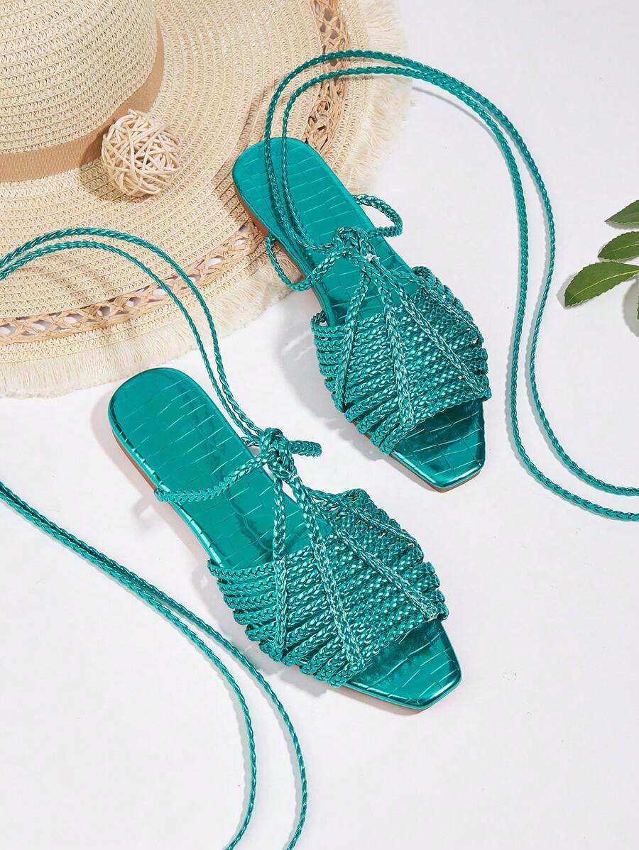 Green Handmade Woven Fabric Twisted Strap Tie-Up Stone Texture Green Fashion Women's Flat Sandals, Woven Fabric Pattern Random, Stone Texture Material Pattern Random, Twisted Pattern Random - Green - View 1