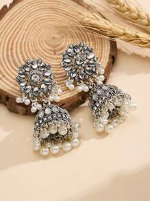 1 Paar luxuriöse Glocken Ohrringe, elegante Boho Kunstperle, Strass Blumen Dekor Schmuck, geeignet für täglichen Gebrauch und Partytragen, Hochzeitsaccessoires