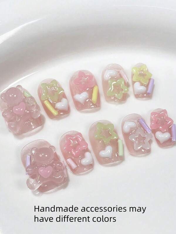 10 Pieces Of Handmade Pink Ice Waxy Sweet Bear Love Luminous Star Line Stick Wear Nail Short Trapezoid Cute Cartoon Girl Daily Spring/Summer Date Detachable Fake Nails Suitable For Ladies Girl Diy Lovers