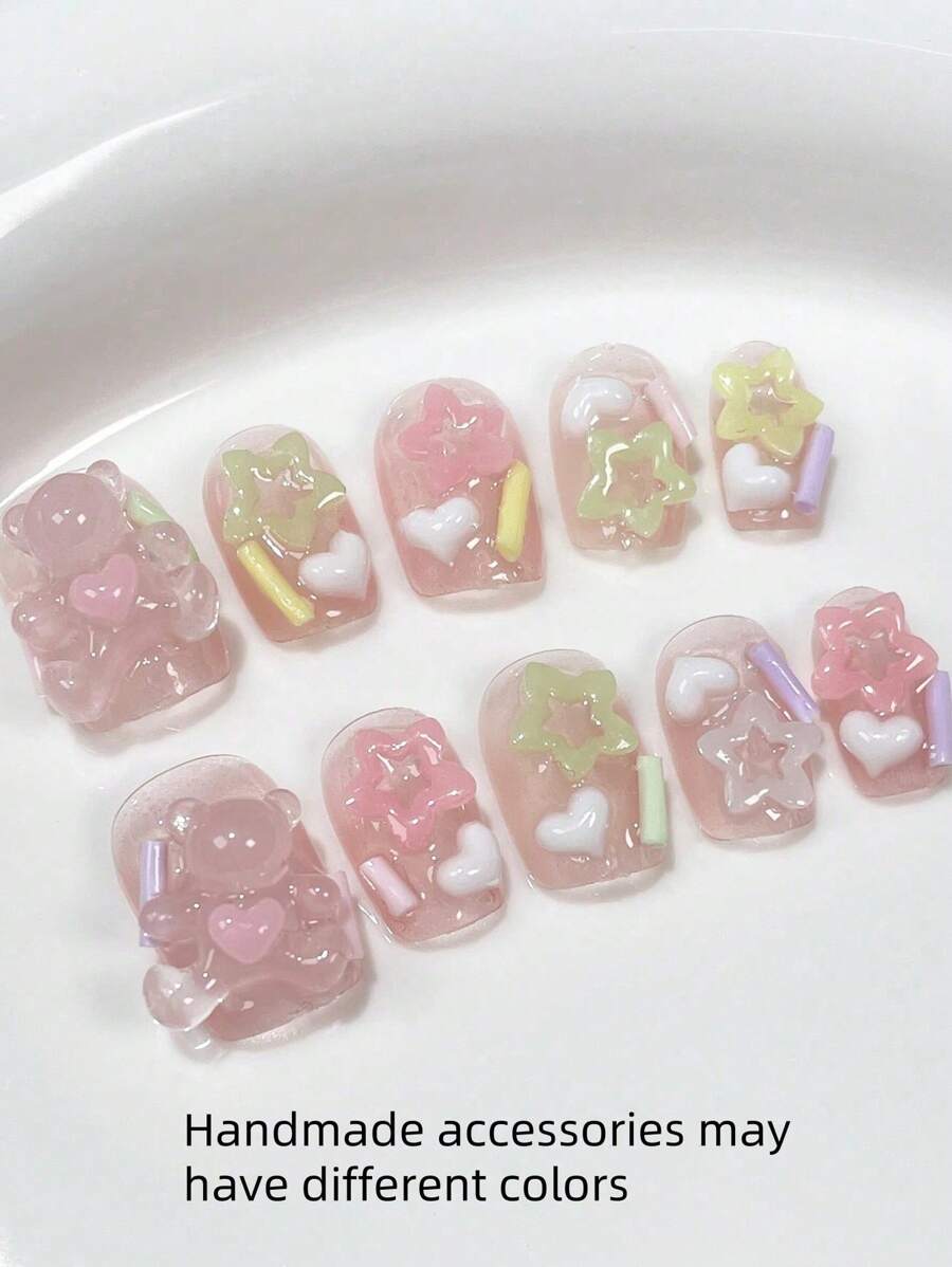 10片手工粉色蜡熊爱心发光星星美甲贴纸，可爱卡通短梯形美甲贴，可移除假指甲，适合女性和女孩，DIY爱好者，压敏美甲用品，日常、春夏、约会