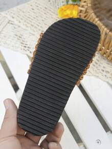 1 Pair Kids' Fashion Casual Handmade Woven PU Material Net-Stripe Insert Gold Decor Non-Slip Soft Wood Flat Open Toe Beach Slippers, Suitable For Summer - Brown - View 8