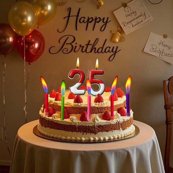 1pc Red & White Number & 12pcs Colorful Flame Birthday Cake Candle Set, Numbered Candles 0-9 For Cake Decor, Cartoon Red & White Birthday Cake Candles, Animated Birthday Candles, Cupcake Toppers, Cute Candles For Cartoon Theme Party, Birthday Celebration, And Other Parties