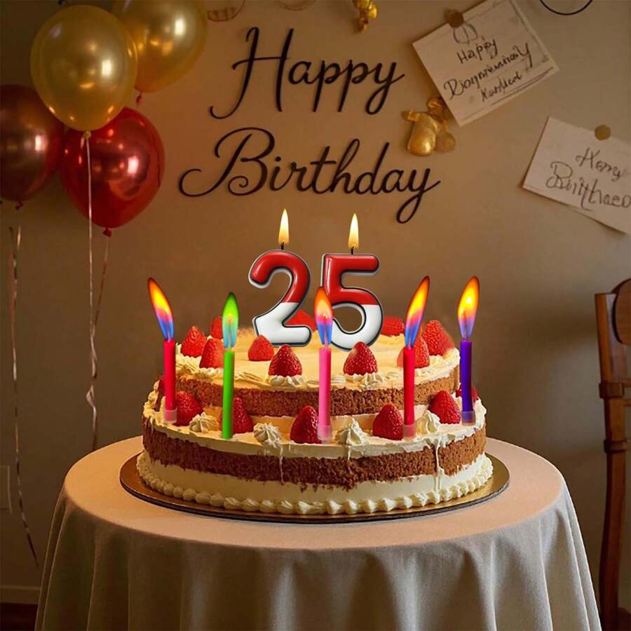 1pc Red & White Number & 12pcs Colorful Flame Birthday Cake Candle Set, Numbered Candles 0-9 For Cake Decor, Cartoon Red & White Birthday Cake Candles, Animated Birthday Candles, Cupcake Toppers, Cute Candles For Cartoon Theme Party, Birthday Celebration, And Other Parties