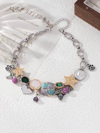 1pc Asymmetrical Square Color Beads Necklace, Artistic Enameled Chain Necklace For Women, Delicate Collarbone Necklace