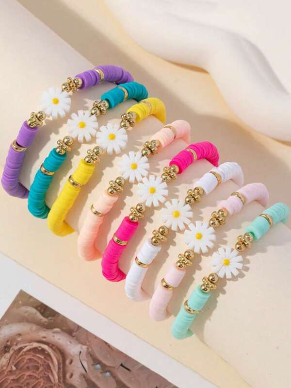 Zestaw 6 uroczych elastycznych bransoletek z gliny polimerowej z motywem stokrotek, elastyczna biżuteria z motywem kwiatowym w konfigurowalnych kolorach, uroczy motyw dla dzieci w wieku 3-14 lat, bez metalowej powłoki, zestaw na święta i urodziny – klasyczna, ręcznie robiona bransoletka, codzienny dodatek do biżuterii, prezent dla przyjaciół