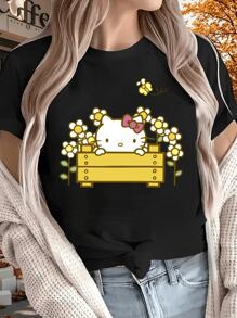 Sanrio Women's 220g Thick Pure Cotton Tee With Adorable Flower - Filled Crate Print