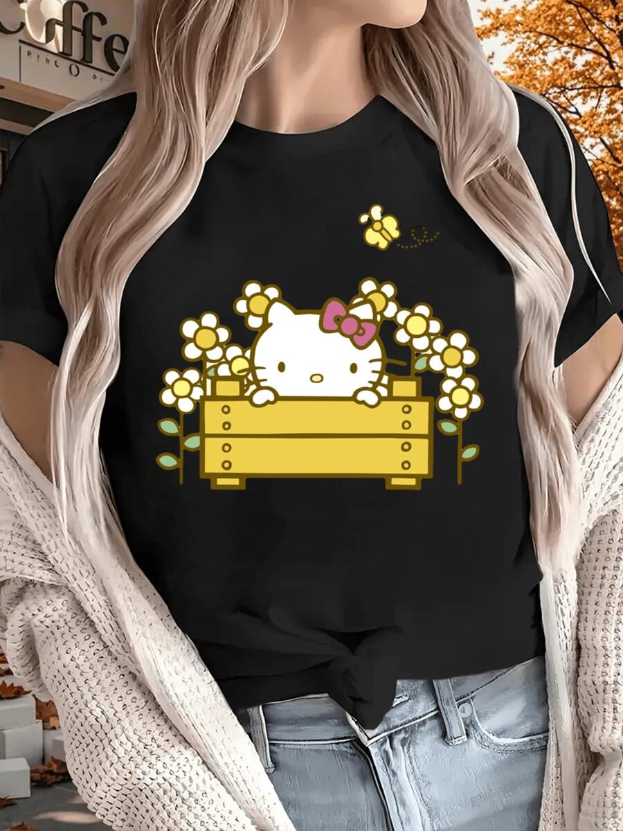 Sanrio Women's 220g Thick Pure Cotton Tee With Adorable Flower - Filled Crate Print