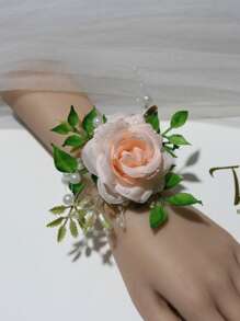 1pc Elegant Pink Korean Style Bridal Wrist Flower, Wedding Accessories, Bridesmaid Gift, Luxurious Pearl Chain Bracelet