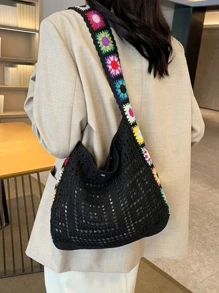 Korean Fashion Knitting Bag Bohemian Style Knitting Bag Holiday Wind Hollow Knitting Bag, Flower Pattern Decorative Messenger Bag Shoulder Bag Hook Bag Female Bag, Suitable For Travel, Seaside Holiday Use., Perfectly Matching With Vacation Outfits Women