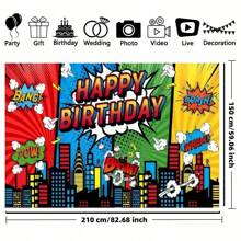 1pc Superhero City Landscape Photography Backdrop, American Comic Style Building Scene For Birthday Party Photo, Birthday Banner Decor, Photobooth Studio Props, Party Supplies Decoration, Birthday Decoration