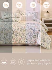 3 件套棉质柔软透气白色底色花卉印花羽绒被套套装（1 个羽绒被套 + 2 个枕套，无填充物），适合所有季节，适用于卧室、房间装饰、家居装饰