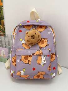 Cartoon Fashion Kids Backpack, Cute Casual Lightweight Outdoor Bag With Capybara Print