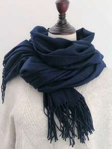 1 Pc Solid Color Scarf With Tassels, Fashion Shawl Wrap For Men/Women, Thick Polyester Casual Warm Scarf 200*70cm - Blue - View 13