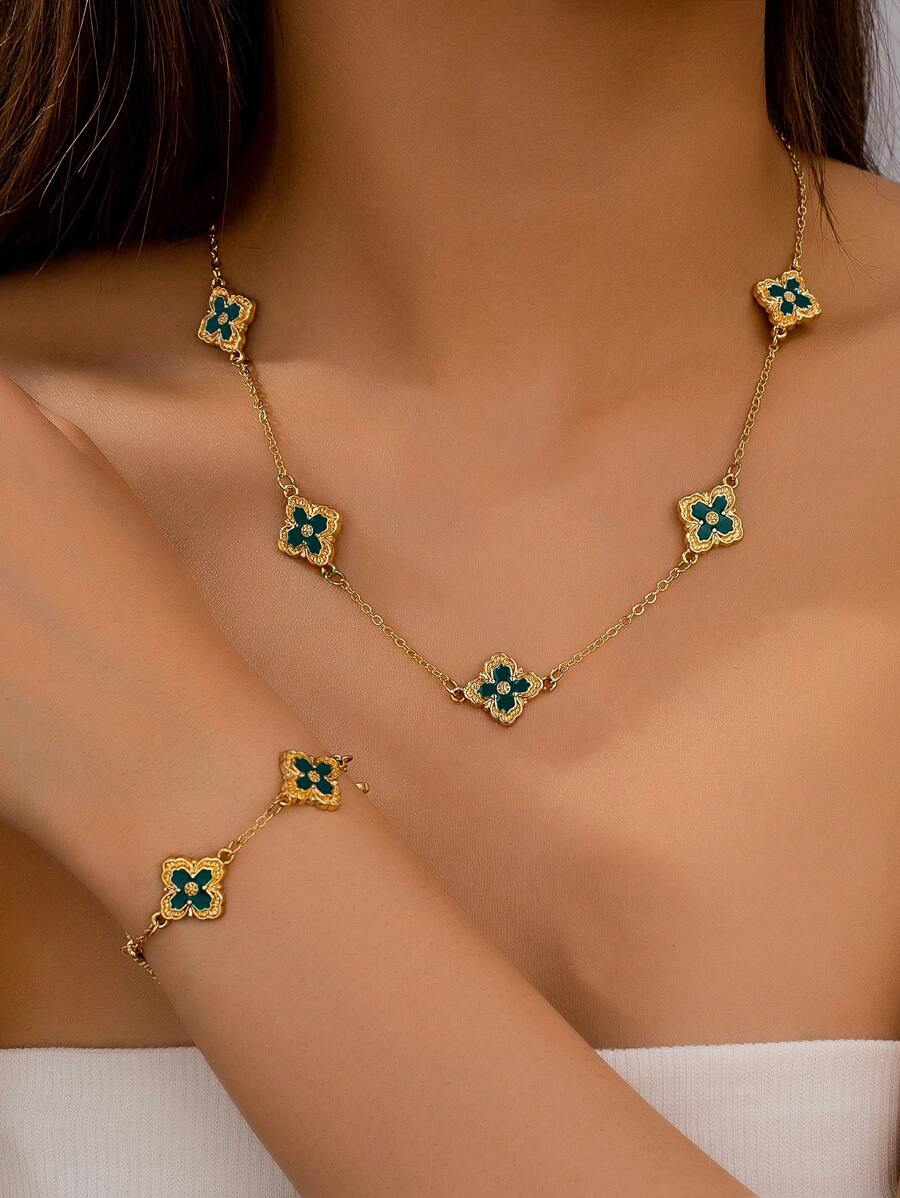 1 Set Summer Luxury Clover Necklace And Bracelet, Vintage Chic Minimalist High-End Jewelry Set Suitable For Women, Daily Wear, Mother's Day Gift, Beach, Vacation - Green - View 1