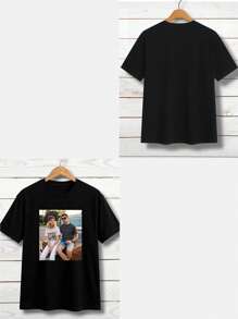 个性化定制男士T恤，定制图案设计，上传您的照片/情侣照/爱人照/宠物照/挚友照，生日/周年纪念日/父亲节/情人节/节日定制照片，春夏男士黑色T恤，男士休闲圆领短袖T恤，节日礼物，周年纪念礼物，舒适透气，恶作剧礼物，惊喜礼物