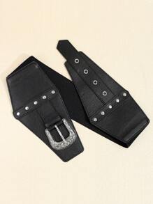 1 件女式黑色 PU 复古压花扣宽腰带，弹性弹性装饰腰带，可搭配外套、连衣裙等 - 黑色 - 查看 5