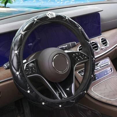 1pc Bling Diamond PU Leather Soft Comfortable Car Steering Wheel Cover, No Inner Ring