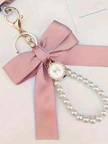 1 件迷人粉色蝴蝶结和人造珍珠串珠钥匙扣腕带 - 涤纶，蝴蝶灵感设计，适合钥匙、钱包、手机 - 时尚女士配饰汽车配饰包饰学校人造珍珠可爱哥特 Y2k 圣诞礼物创意包饰挂绳带身份证夹汽车配饰包饰 - 粉色 - 查看 5