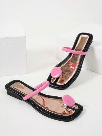 Women Pink Fashionable Strap Flat Slippers Low Heel Flip Flops, Yellow Strap Slip-On Sandals For Summer