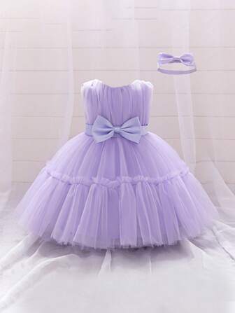 Young Girls Sleeveless Bow Pleated Tulle Elegant Birthday Princess Dress, Suitable For School Performance, Party, Comes With Hair Accessory