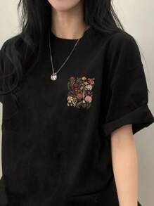Women's Floral Print Loose Fit Crewneck Short Sleeve T-Shirt, Spring/Summer - Black - View 2