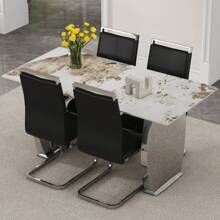 MUUOKY Juego de mesa de comedor de 71" para 6, juego de mesa de comedor con tablero de vidrio de imitación de mármol de 0,4" de espesor, juego de mesa de cocina de 7 piezas, mesa de comedor rectangular moderna con 6 sillas de PU para comedor, cocina, juego de mesa para decoración de habitaciones, decoración del hogar, accesorios de cocina, decoración del día de San Valentín, cocina, boda, día de San Valentín - Negro - Ver 3