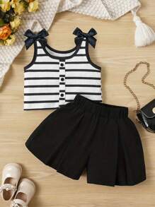 Young Girl Black & White Ribbed Sleeveless Top With Bow Accent + Solid Black Shorts, Spring/Summer Set - Black - View 1