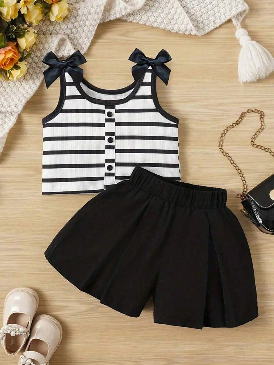 Young Girl Black & White Ribbed Sleeveless Top With Bow Accent + Solid Black Shorts, Spring/Summer Set - Black - View 1